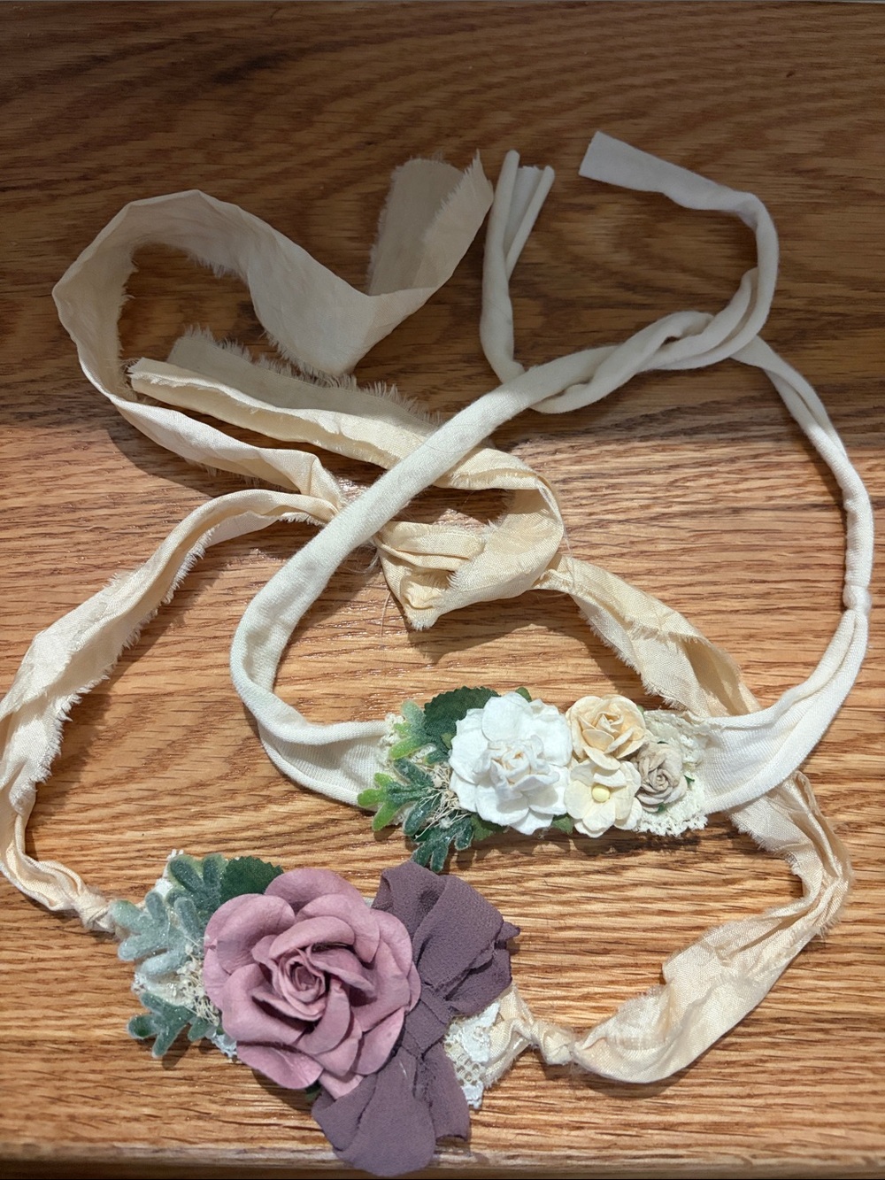 2 Handmade Cream Floral Headbands with Dusty Rose Accent, baby photography